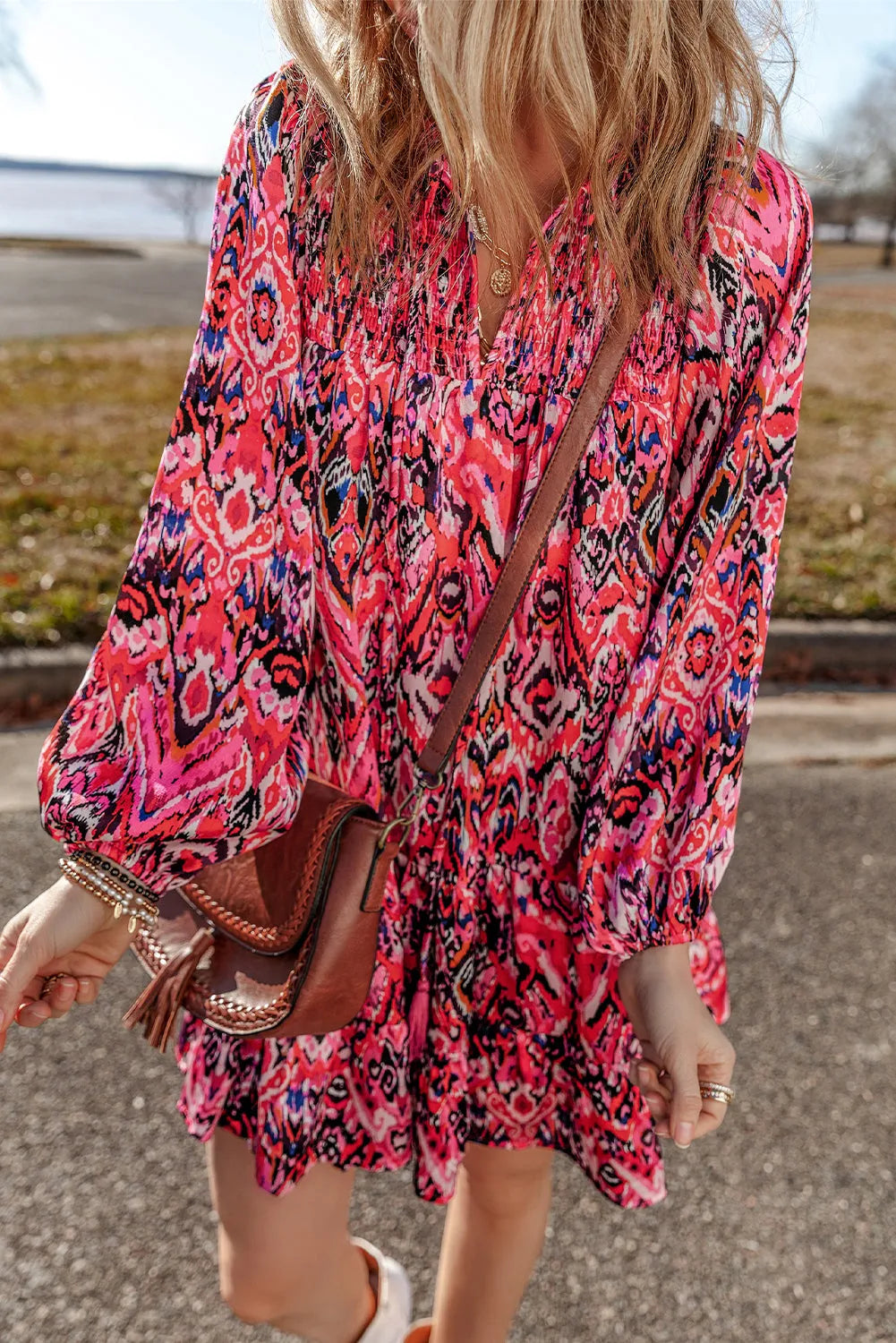 Rose Abstract Printed Tassel Tied Neck Long Sleeve Ruffled Mini Dress - Chic Meadow Boutique 