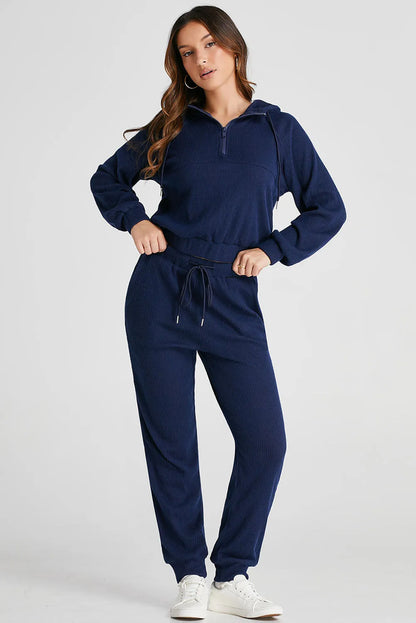 Navy Blue Ribbed Knit Cropped Hoodie and Drawstring Joggers Set - Chic Meadow Boutique 