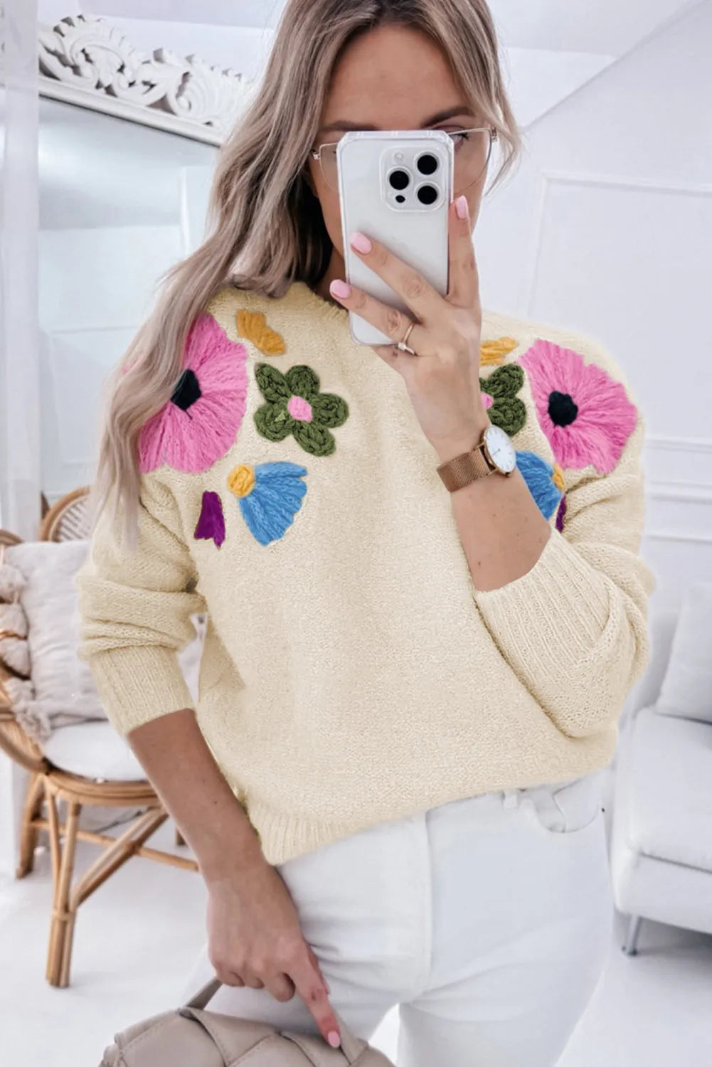 Beige Knitted Flower Pattern Ribbed Edge Sweater - Chic Meadow Boutique 