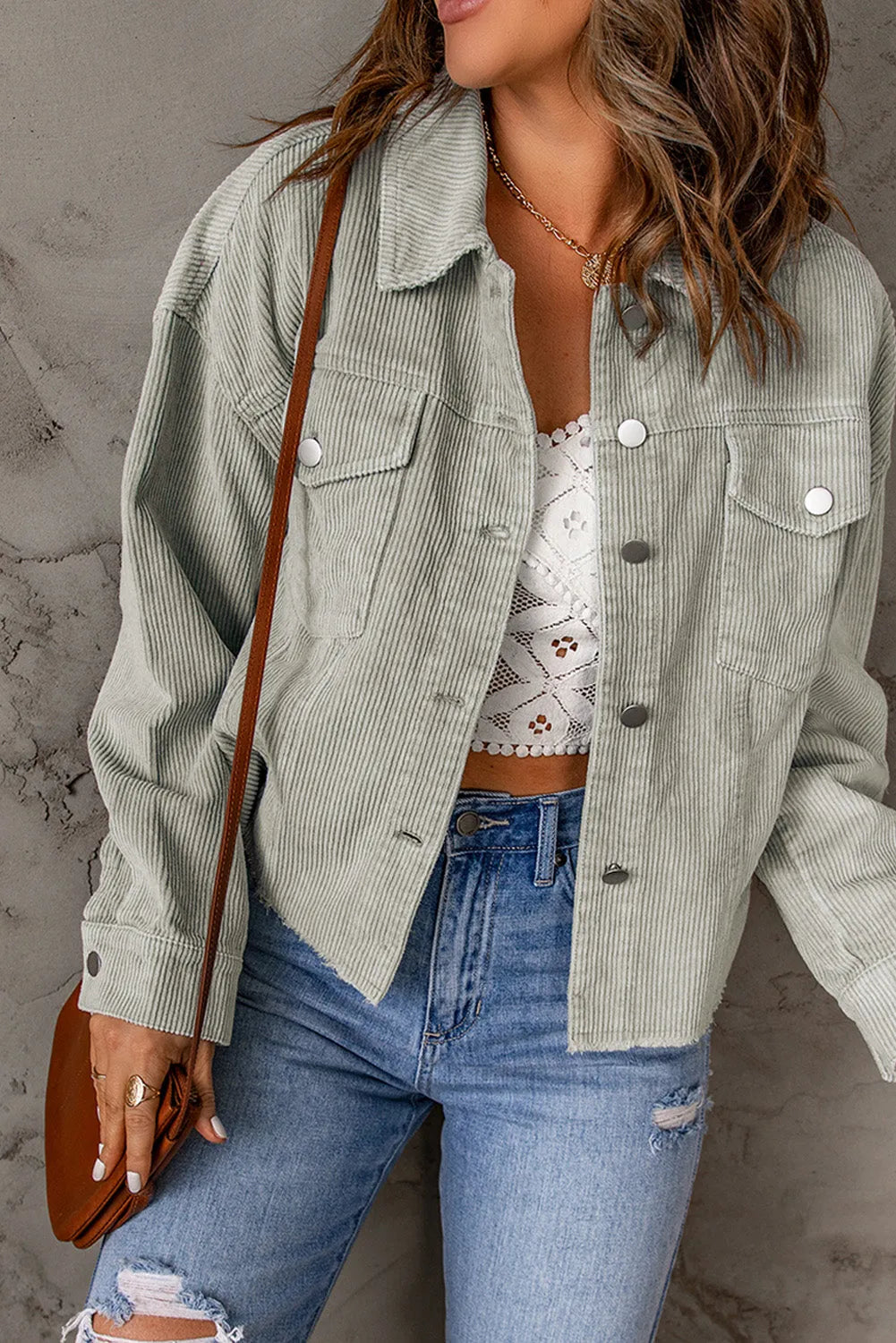 Sky Blue Raw Hem Flap Pockets Cropped Corduroy Jacket - Chic Meadow Boutique 