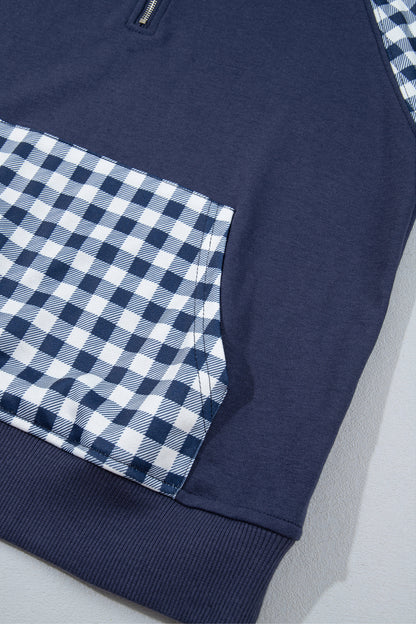 Navy Blue Patchwork Plaid Pocket Quarter Zip Sweatshirt