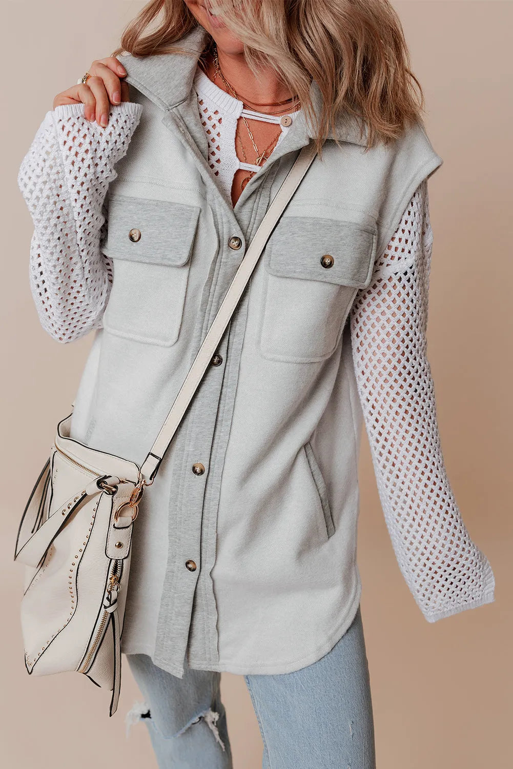 Light Grey Flap Pockets Contrast Buttons Front Jacket Vest - Chic Meadow Boutique 