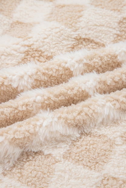 Khaki Checker Sherpa Corduroy Patchwork Zip up Collared Jacket