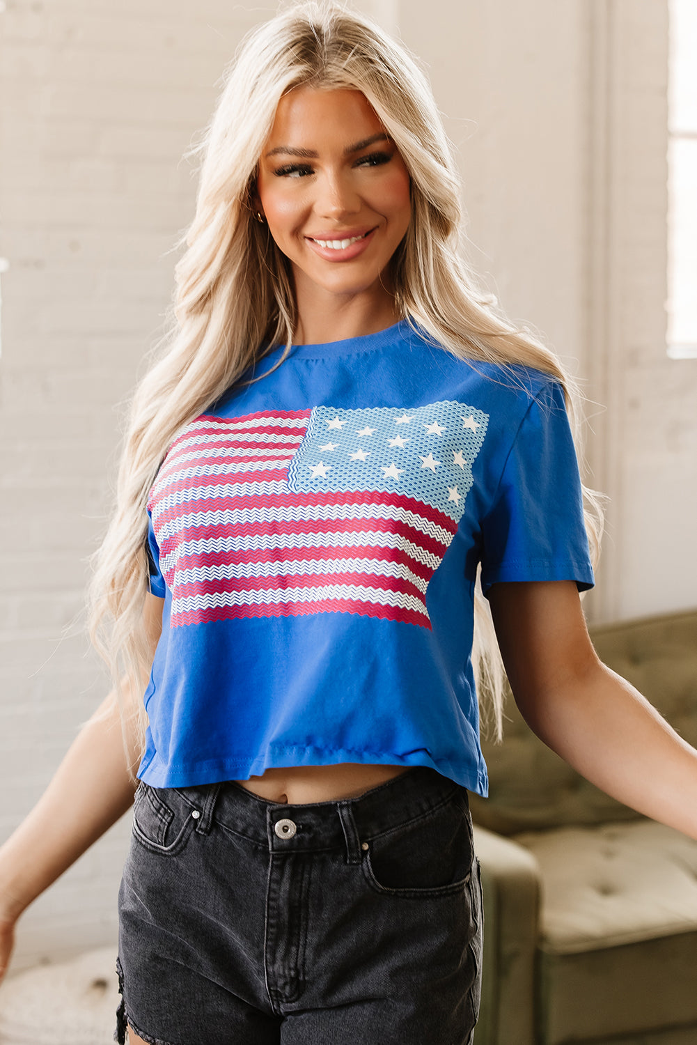 Real Teal American Flag Pattern Crewneck Tee