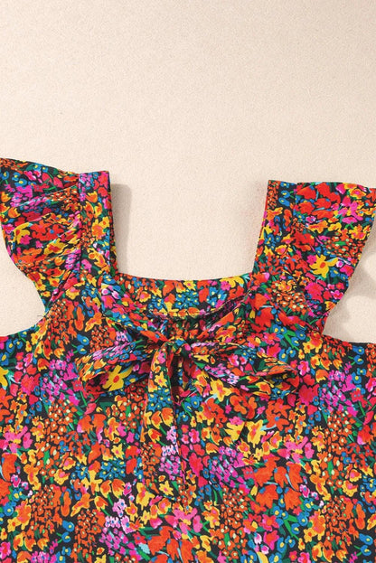 Tops/Blouses & Shirts Multicolour Floral Print Cap Sleeve Square Neck Back Knot Blouse