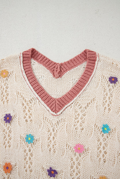 Delicacy Embroidered Flowers Colorblock Edge Hollowed Sweater
