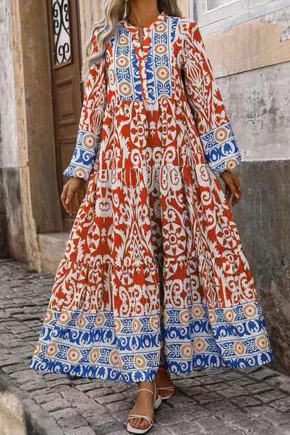 Orange Boho Geometric Printed Long Sleeve Maxi Dress - Chic Meadow Boutique 