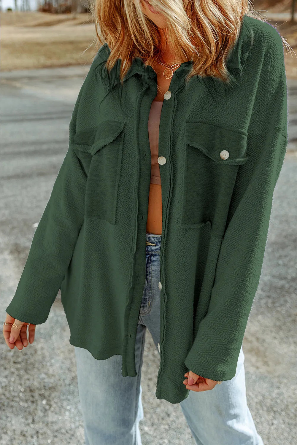 Green Contrast Flap Pockets Relaxed Shacket - Chic Meadow Boutique 