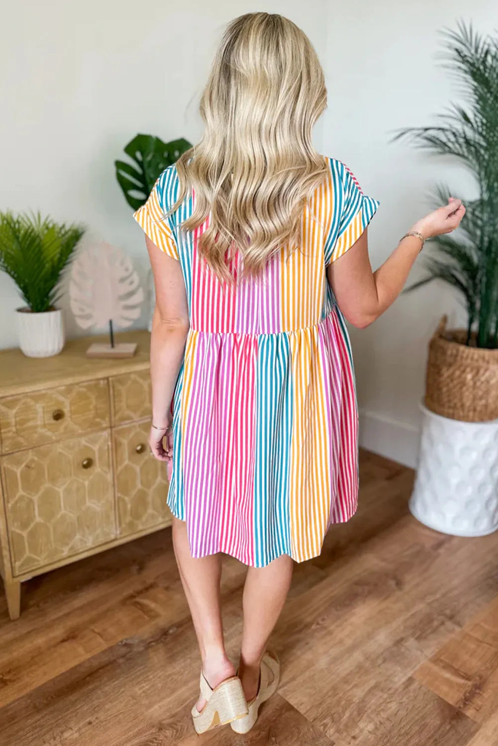 Multicolour Colorblock Striped Short Sleeve Buttoned Shirt Dress - Chic Meadow Boutique 