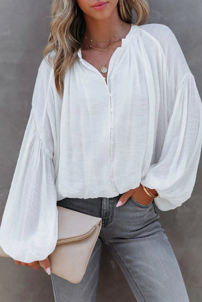 White Solid Color V Neck Balloon Sleeve Shirt - Chic Meadow Boutique 