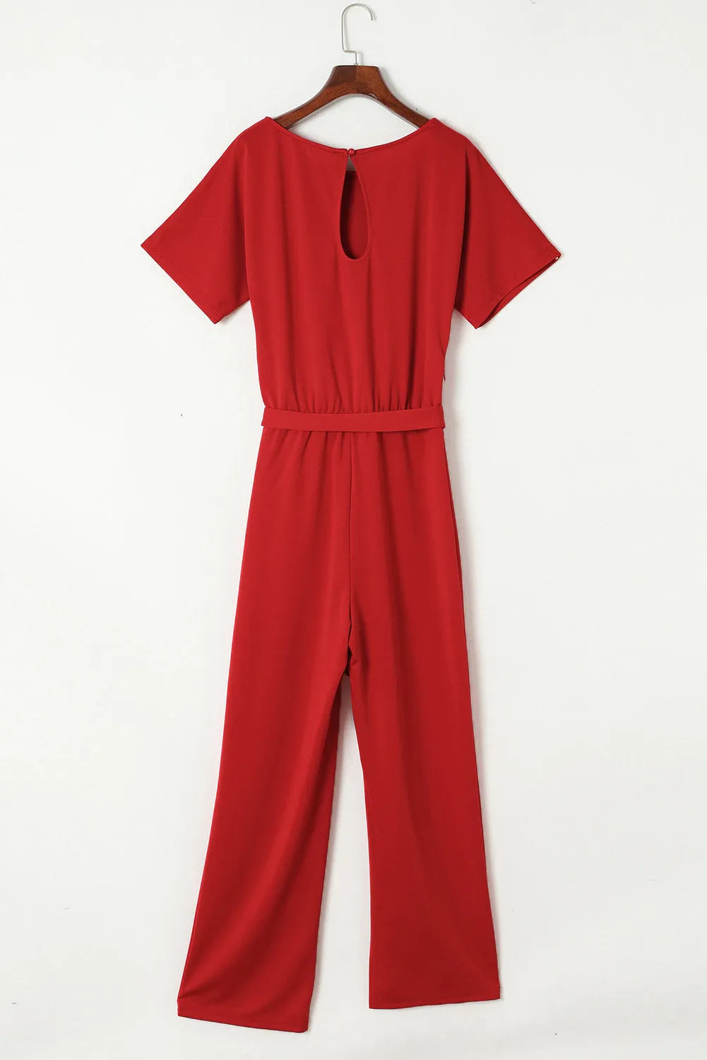 Fiery Red Belted Wide Leg Jumpsuit - Chic Meadow Boutique 