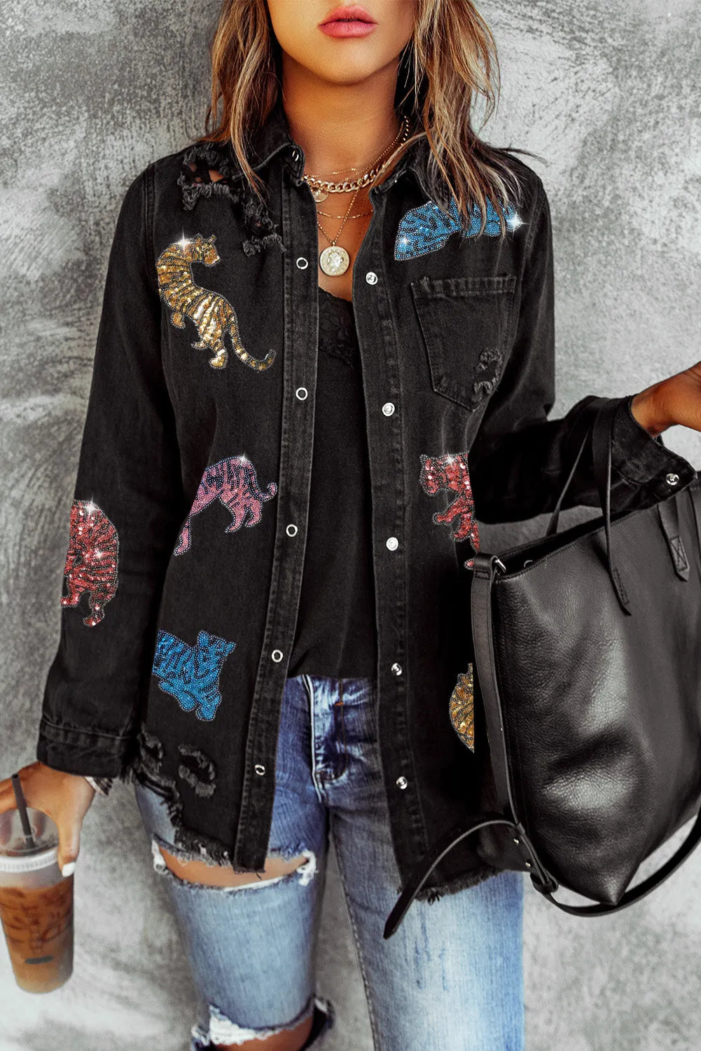 Black Sequined Tigers Graphic Raw Hem Frayed Denim Jacket - Chic Meadow Boutique 