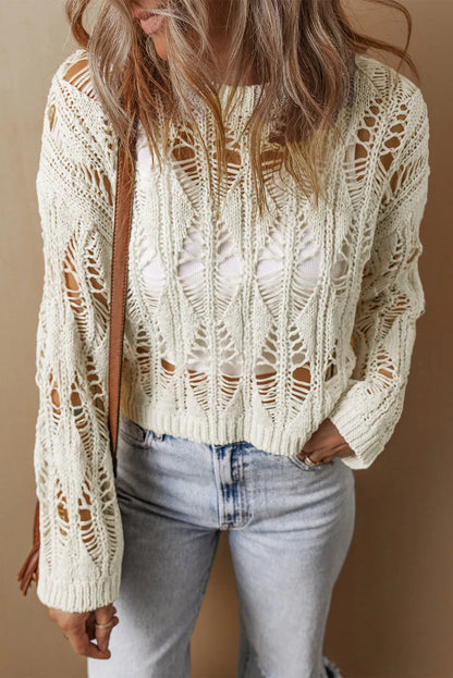 White Cut Out Crochet Crew Neck Loose Fit Sweater - Chic Meadow Boutique 