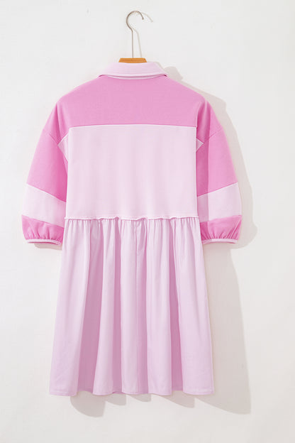 Pink Raw Seam Color Block Patchwork Button Polo Collar Mini Dress