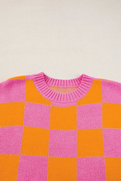 Strawberry Pink Colorblock Plaid Pattern Ribbed Trim Sweater Tank Top - Chic Meadow Boutique 