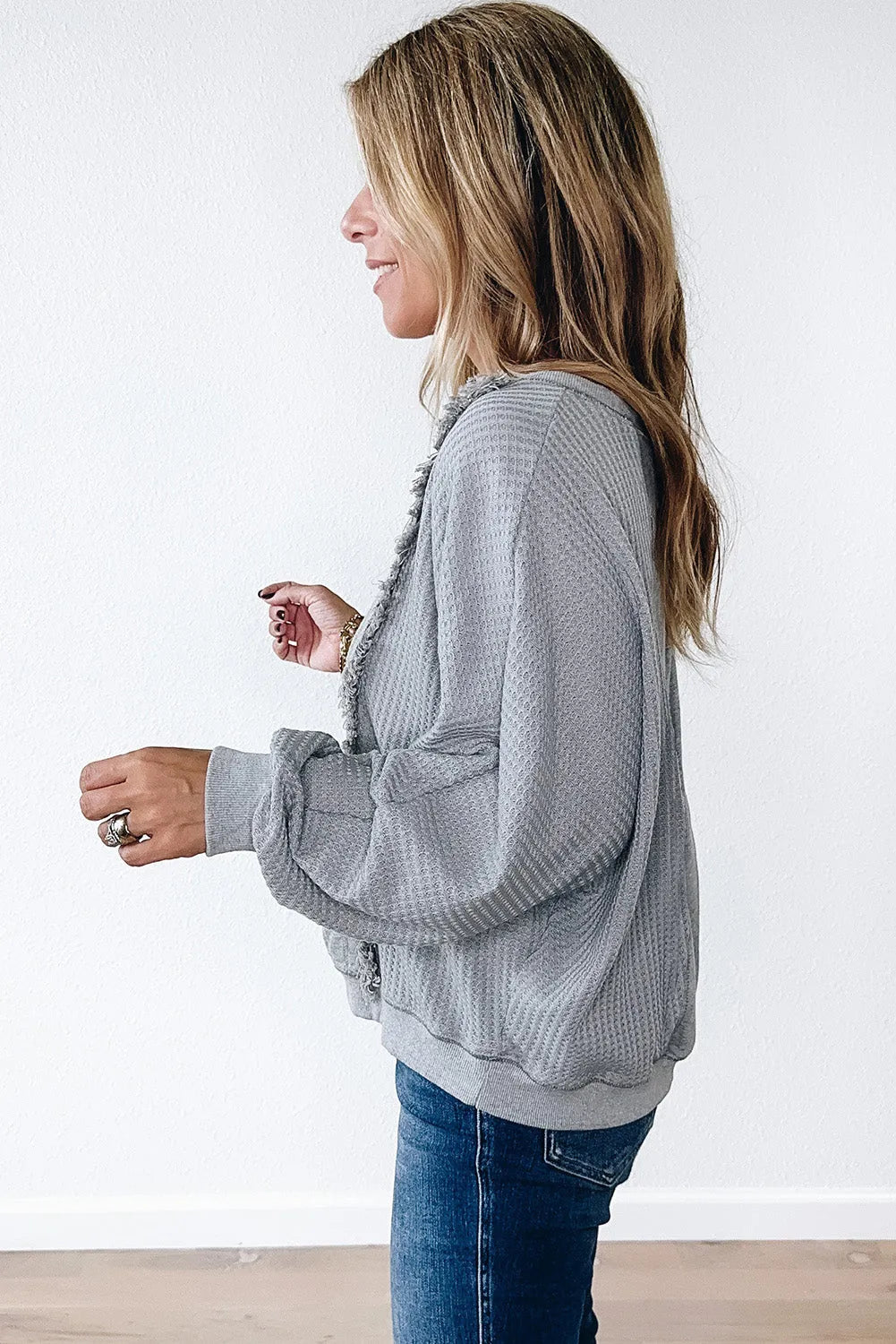 Light Grey Waffle Patchwork Long Sleeve Raw Hem Pullover Top - Chic Meadow Boutique 