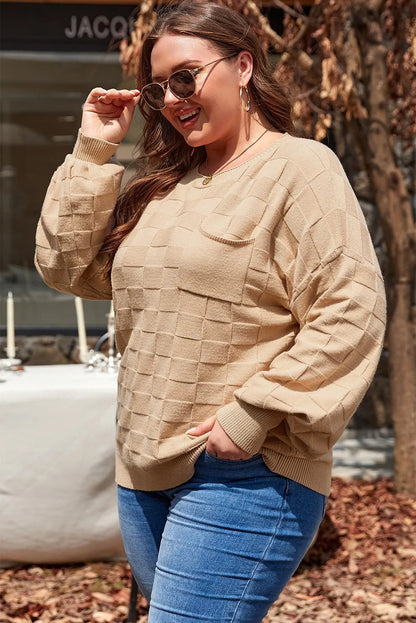 Light French Beige Solid Checkered Textured Knit Plus Size Sweater - Chic Meadow Boutique 