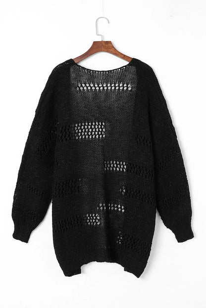 Black Casual Hollowed Knit Dolman Sleeve Cardigan - Chic Meadow Boutique 