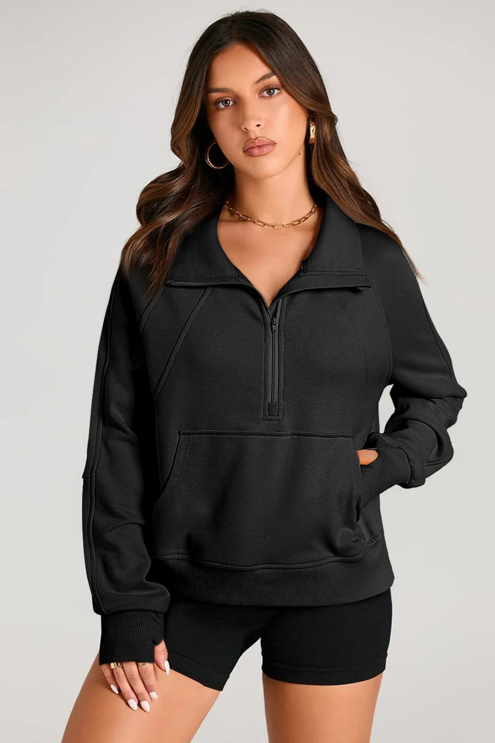 Black Quarter Zip Stand Neck Kangaroo Pocket Sweatshirt - Chic Meadow Boutique 