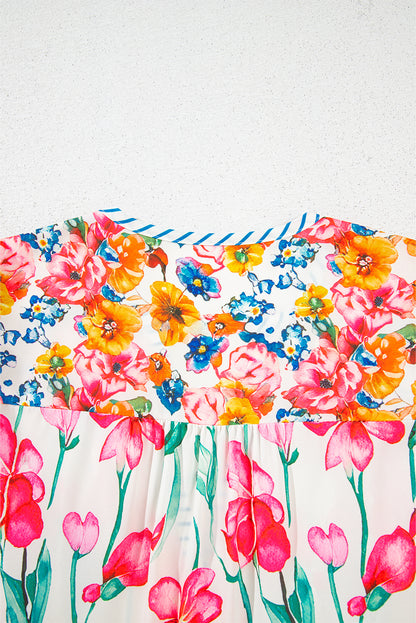 Pink Floral Print Striped Detail Split Neck Short Sleeve Blouse