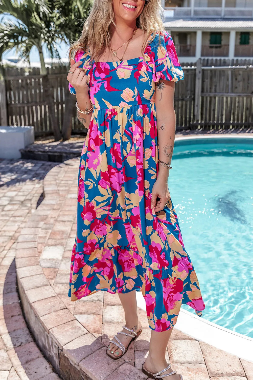 Dark Blue Square Neck Bubble Sleeve Ruffled Floral Dress - Chic Meadow Boutique 