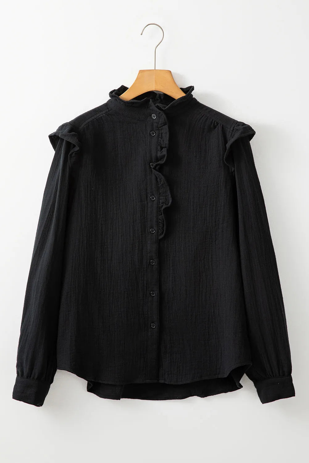 Black Textured Ruffled Trim Buttoned Loose Fit Shirt - Chic Meadow Boutique 