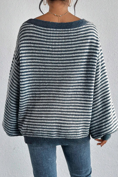 Sail Blue Striped Lantern Sleeve Drop Shoulder Cozy Sweater - Chic Meadow Boutique 