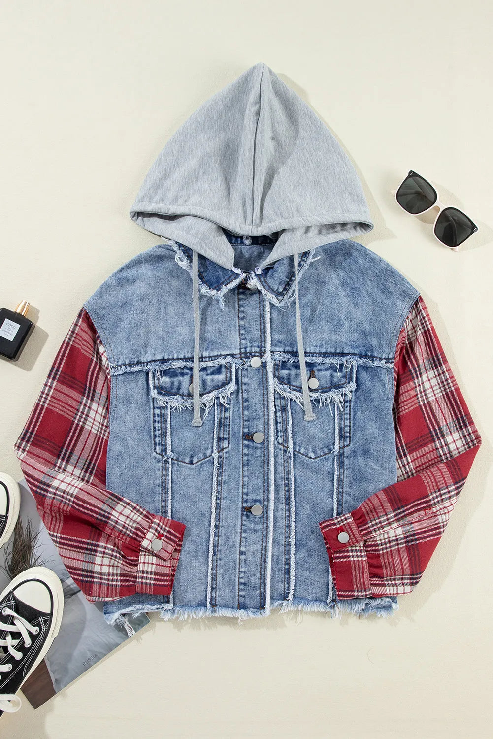 Beau Blue Plaid Print Patchwork Hooded Raw Hem Denim Jacket - Chic Meadow Boutique 