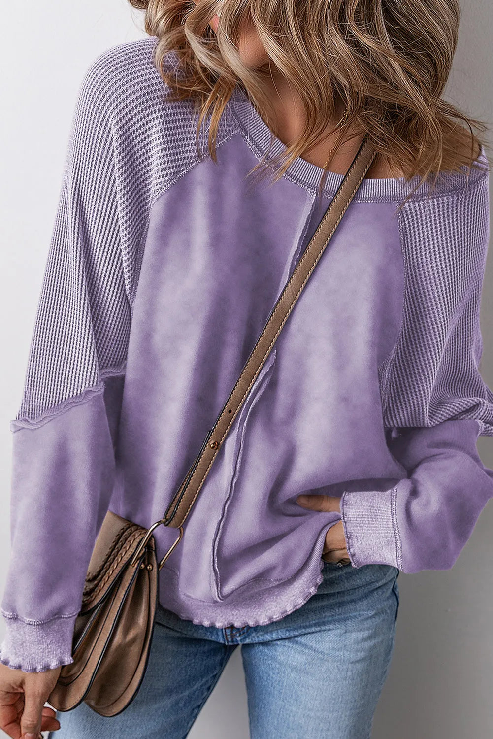 Orchid Petal Solid Waffle Knit Patchwork Raglan Sleeve Sweatshirt - Chic Meadow Boutique 