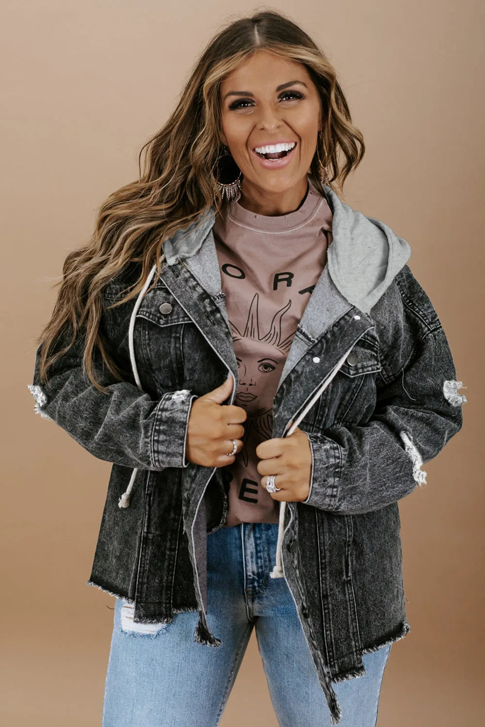 Black Drawstring Hooded Frayed Denim Jacket - Chic Meadow Boutique 