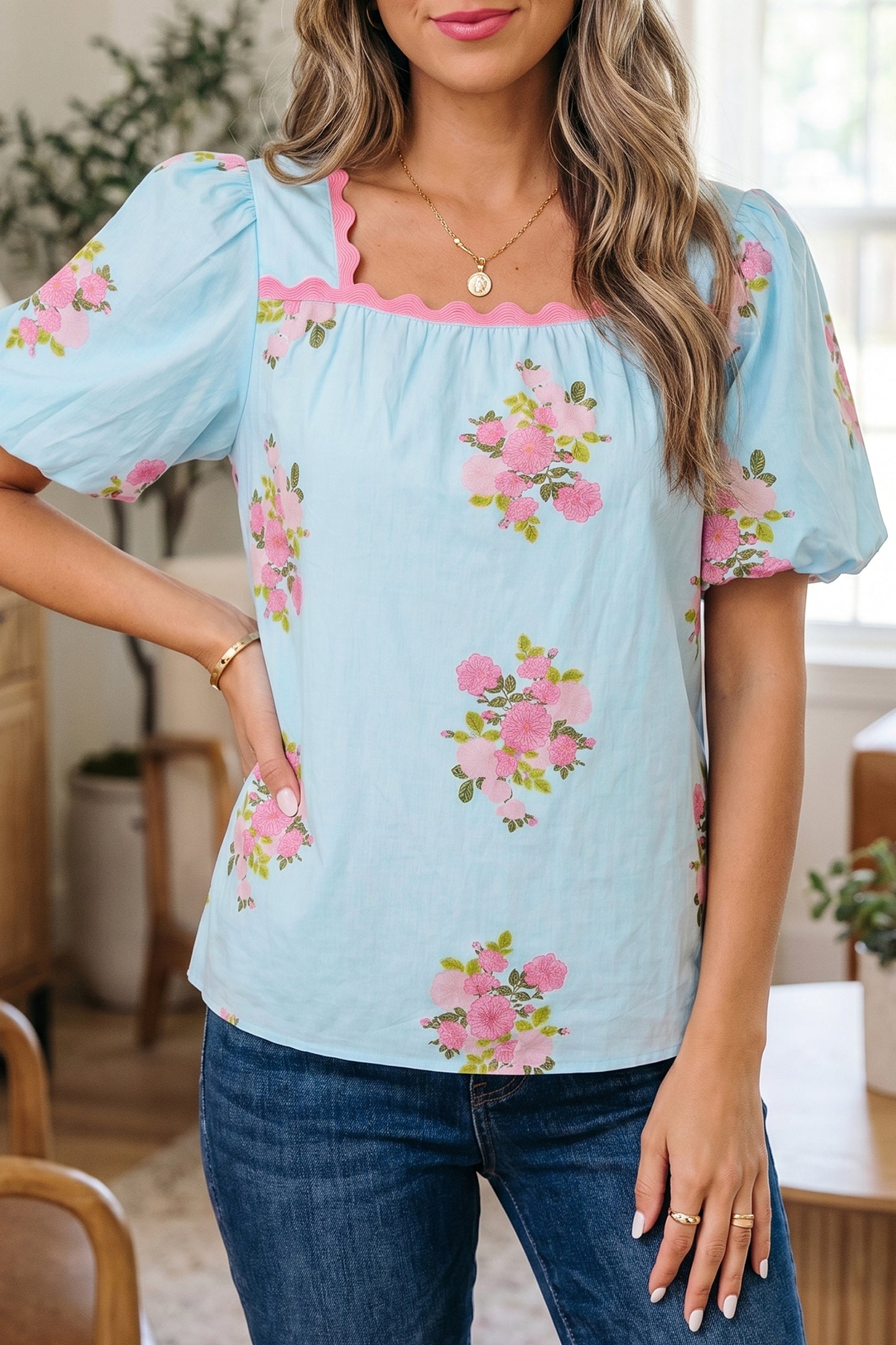 Sky Blue Floral Printed Contrast Ricrac Detail Bubble Sleeve Blouse