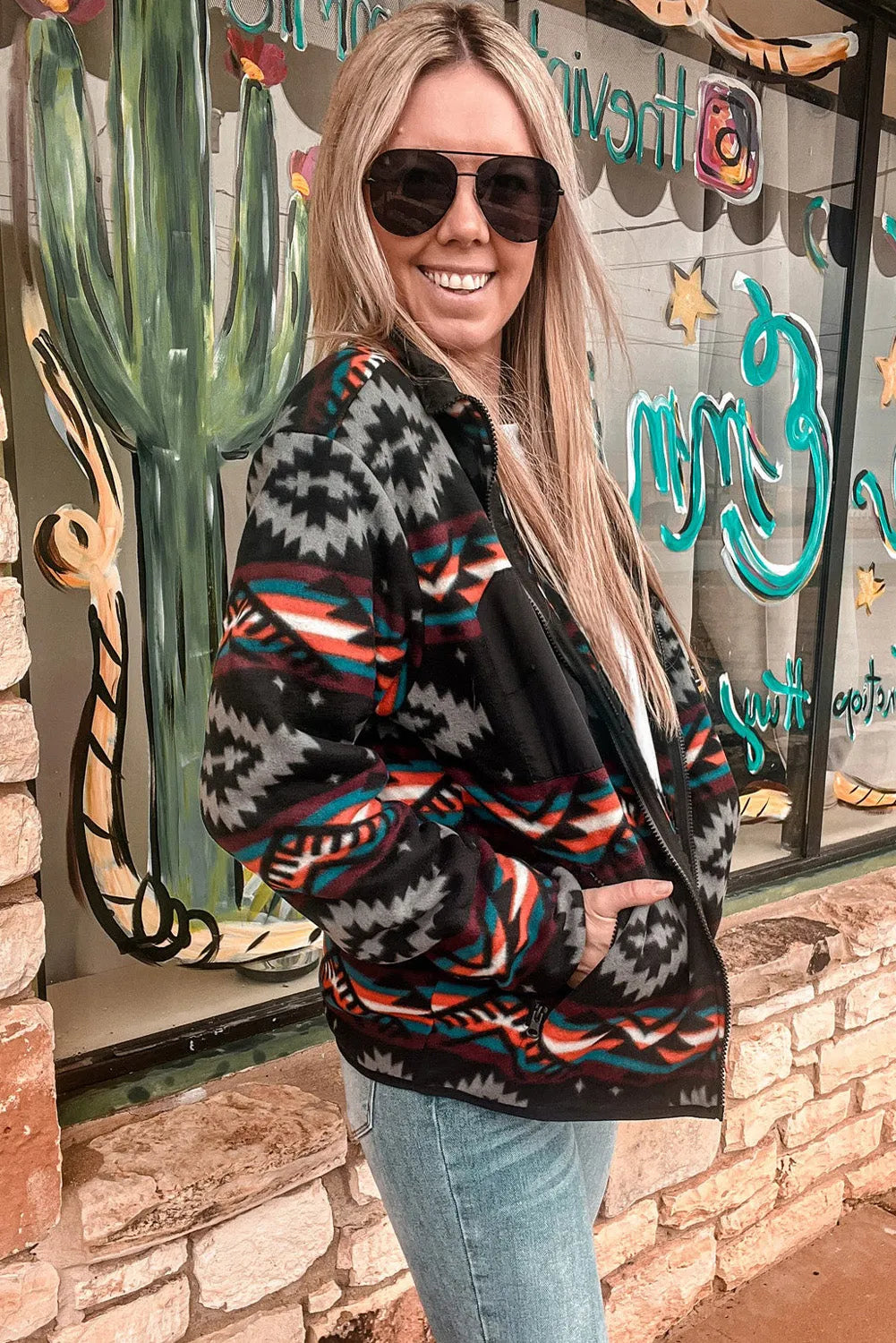 Black Aztec Printed Zip Up Collar Jacket - Chic Meadow Boutique 