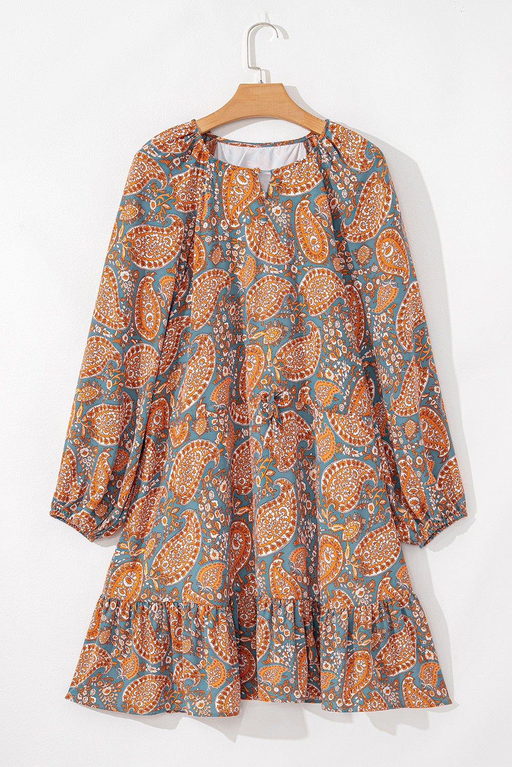 Orange Paisley Print Loose Fit Drawstring High Waist Mini Dress