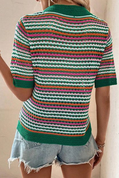 Dark Green Striped Pattern Contrast Trim Pointelle Knit T Shirt - Chic Meadow Boutique 