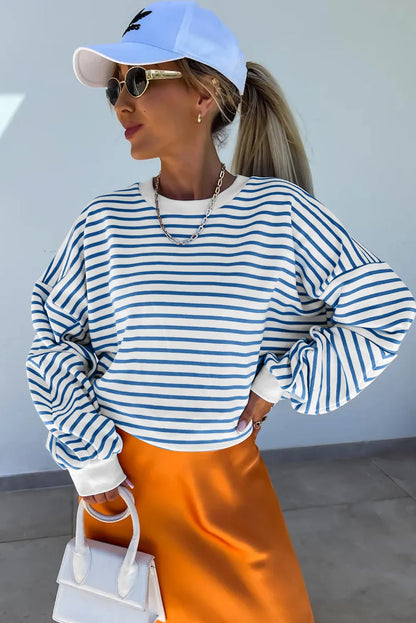 Blue Stripe Drop Shoulder Crew Neck Loose Sweatshirt - Chic Meadow Boutique 