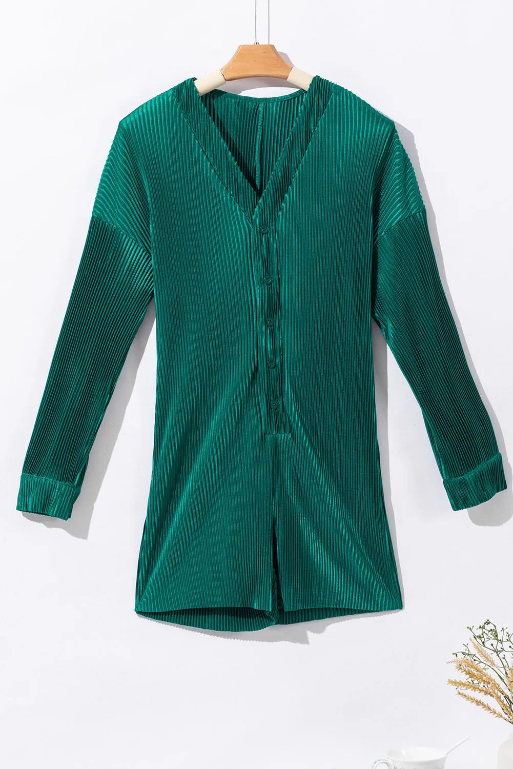 Sea Green Ribbed Long Sleeve Button Front Romper - Chic Meadow Boutique 