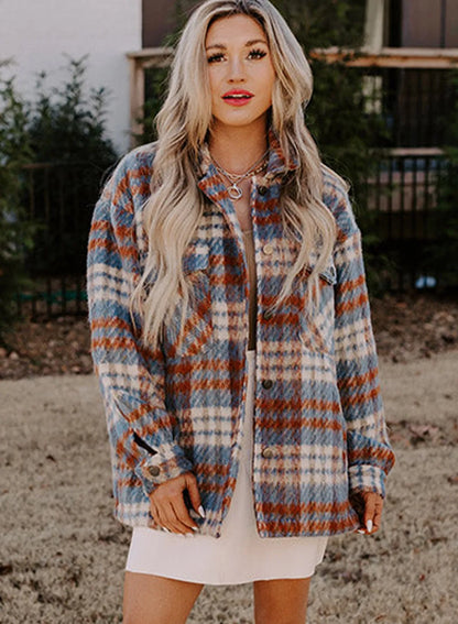 Cinnamon Plaid Print Chest Pockets Turn Down Collar Shacket - Chic Meadow Boutique 