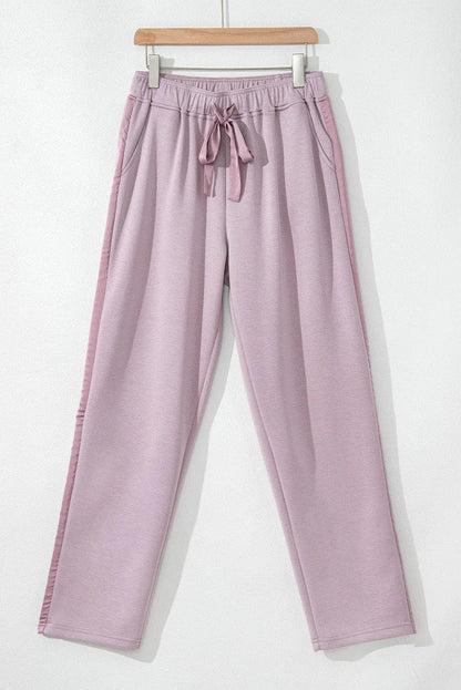 Bottoms/Pants & Culotte Orchid Petal Drawstring Waist Satin Stripe Patch Straight Leg High Waist Pants