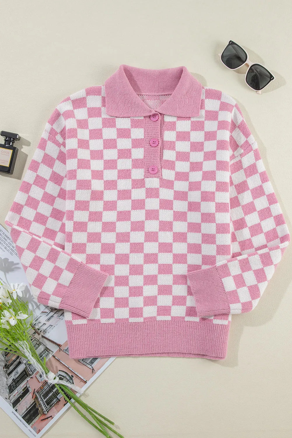 Pink Checkered Buttons Collar V Neck Drop Shoulder Sweater - Chic Meadow Boutique 