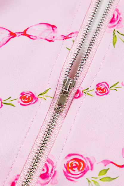 Pink Floral Print Half Zip Kangaroo Pouch Drawstring Hoodie