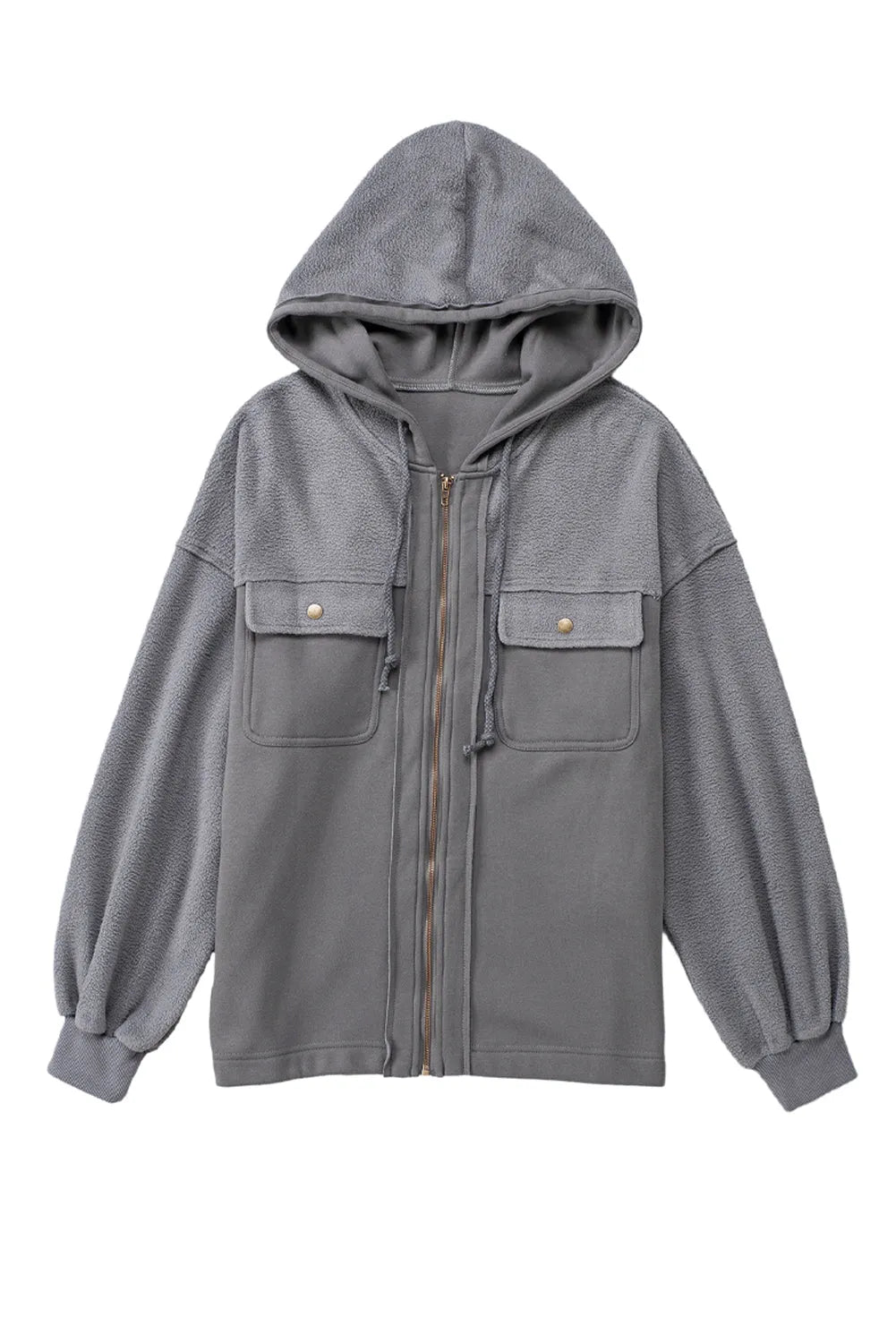 Gray Flap Pocket Drawstring Hood Zip Up Jacket - Chic Meadow Boutique 