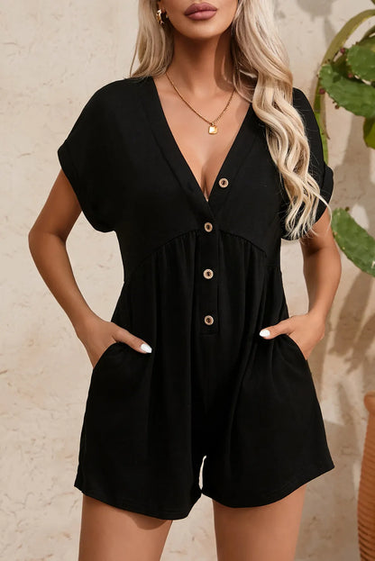 Black V Neck Buttons Loose Cuffed Short Sleeve Romper - Chic Meadow Boutique 