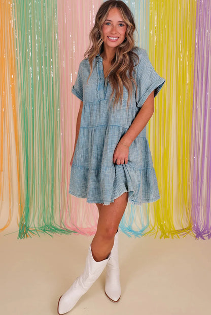 Beau Blue Mineral Wash Crinkle Split Neck Raw Hem Tiered Dress - Chic Meadow Boutique 