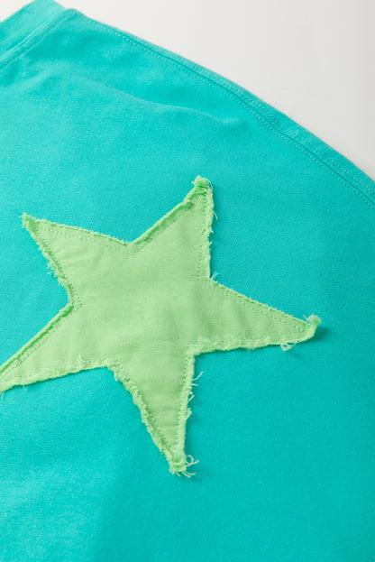 Aruba Blue Frayed Denim Star Patched Oversize T Shirt