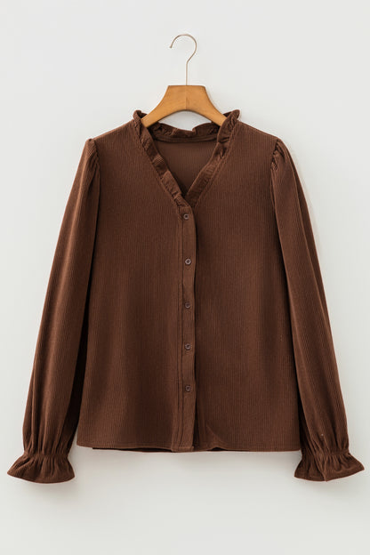 Coffee Solid Color Ruffle Trim V Neck Long Sleeve Button Corduroy Shakcet