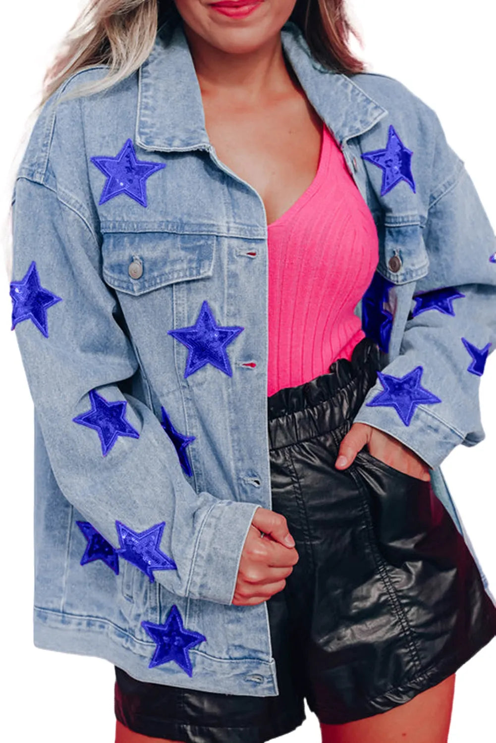 Bluing Sequin Star Flap Pocket Denim Jacket - Chic Meadow Boutique 