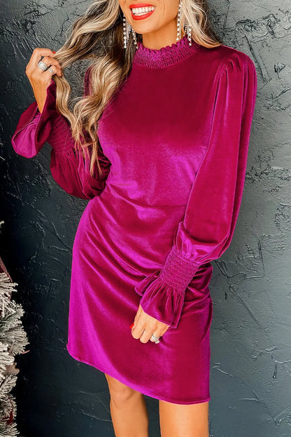 Rose Red Smocked Mock Neck Ruffled Puff Sleeve Velvet Mini Dress - Chic Meadow Boutique 