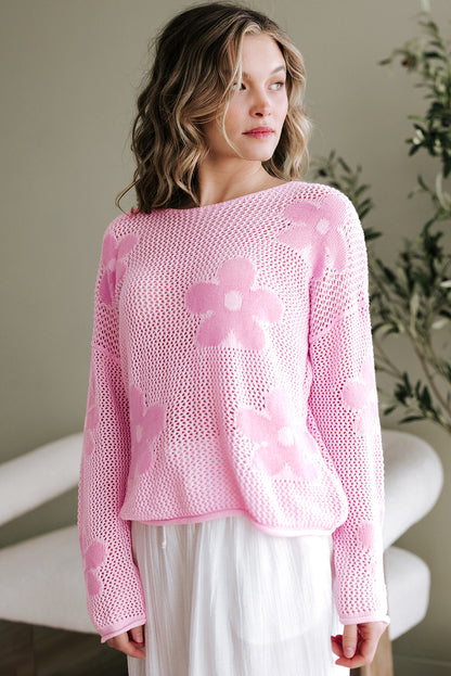 Light Pink Big Flower Hollowed Knit Drop Shoulder Sweater