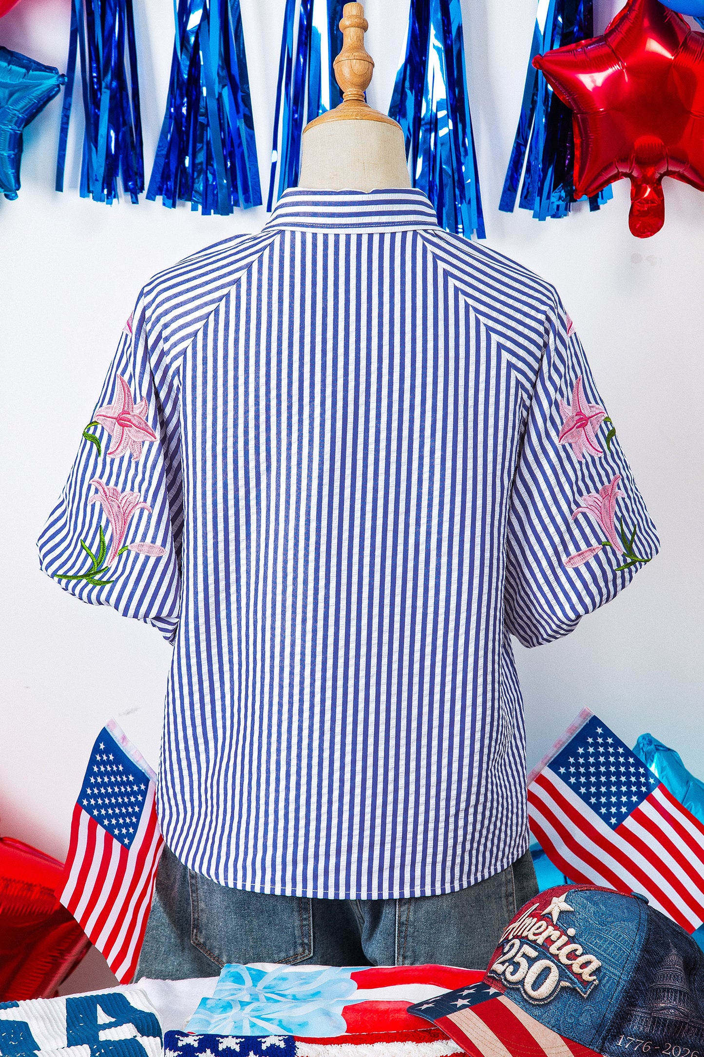 Sky Blue Stripe Lily Floral Embroidered Puff Sleeve Button Down Shirt