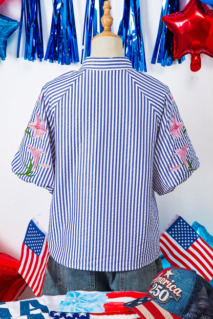 Sky Blue Stripe Lily Floral Embroidered Puff Sleeve Button Down Shirt